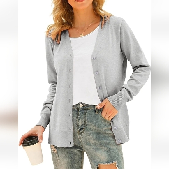 Viishow V-Neck Button Down Long Sleeve Soft Basic Knit Cardigan Grey - Picture 1 of 6